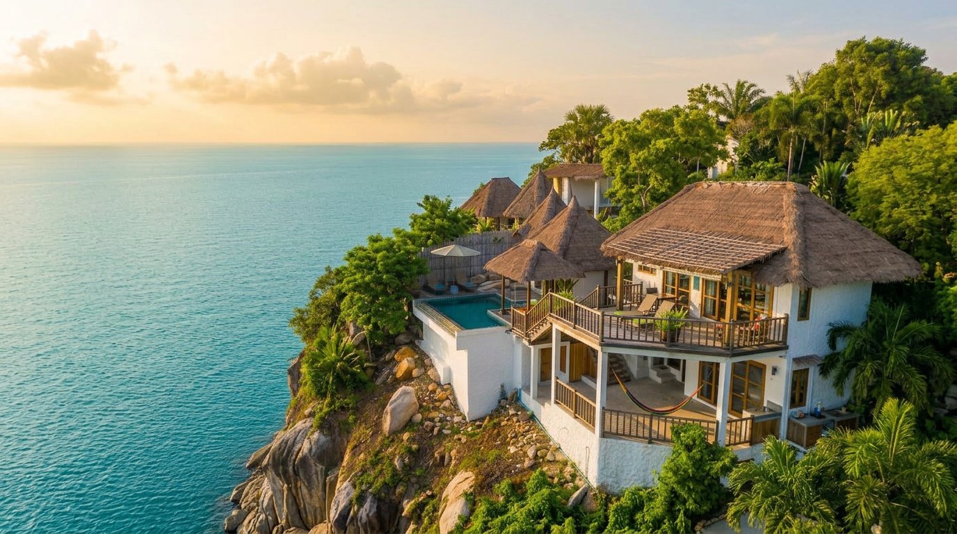 Aerial view of a teak-wood luxury villa on a Koh Tao cliff overlooking the turquoise sea at golden hour