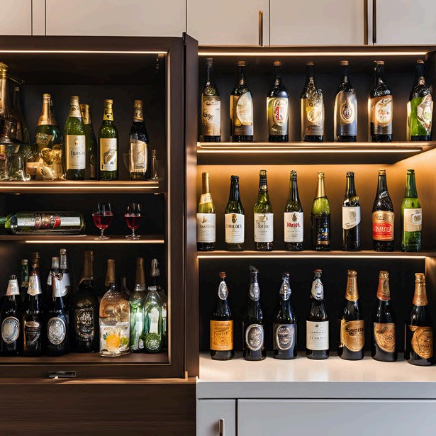 A well-stocked in-villa mini bar with wine and beer on warmly lit shelves