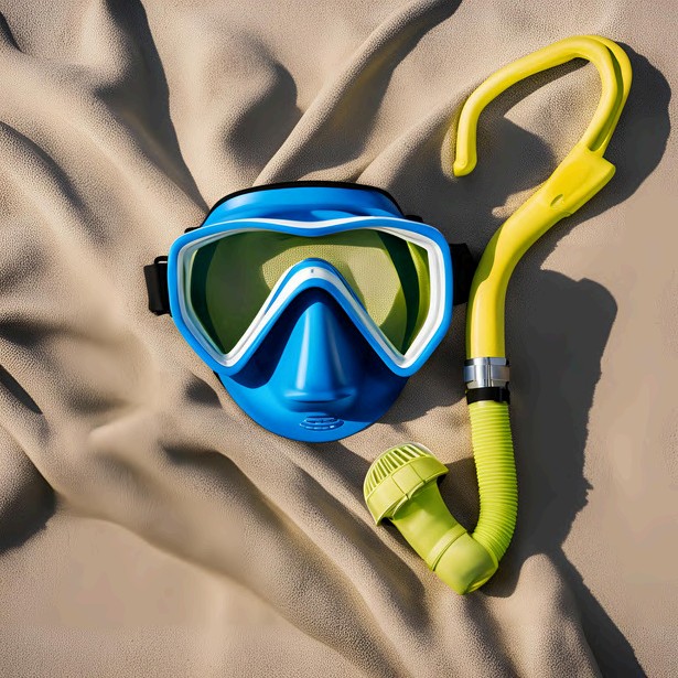 A blue diving mask and yellow snorkel resting on the sand